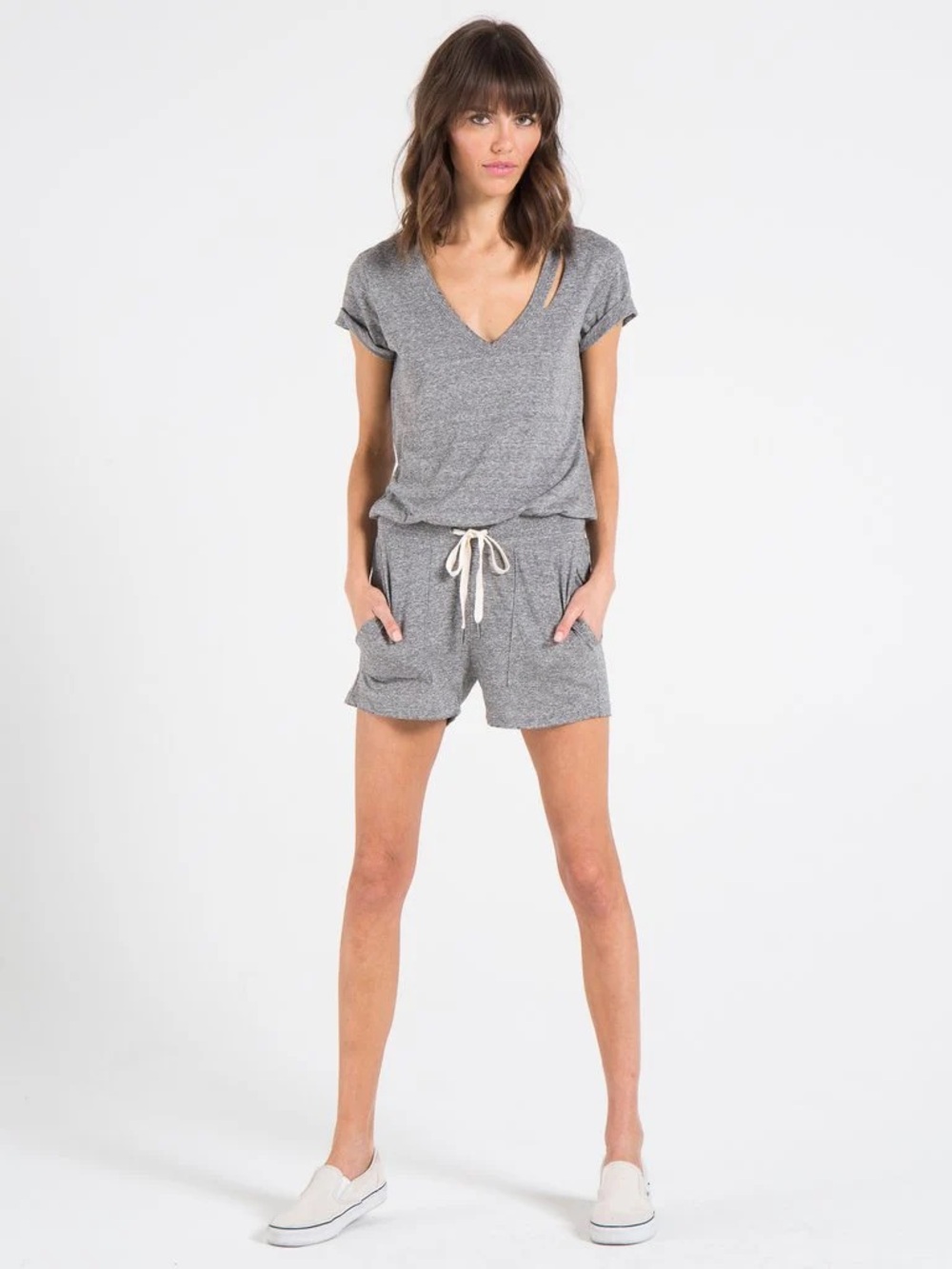 Gray Women’s Short Sleeve Romper with Drawstring